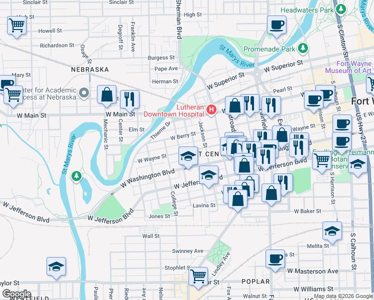 map of restaurants, bars, coffee shops, grocery stores, and more near 1005 West Wayne Street in Fort Wayne