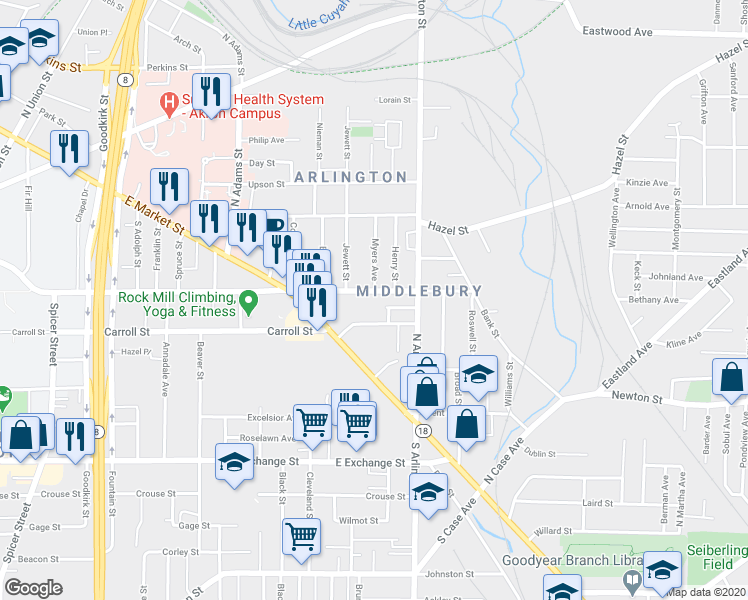 map of restaurants, bars, coffee shops, grocery stores, and more near 808 East Buchtel Avenue in Akron