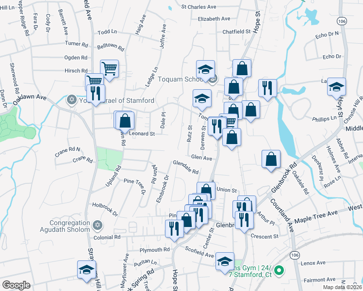 map of restaurants, bars, coffee shops, grocery stores, and more near 10 Rutz Street in Stamford