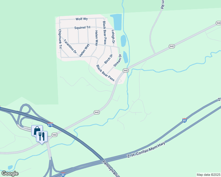 map of restaurants, bars, coffee shops, grocery stores, and more near 639 Pennsylvania 940 in White Haven