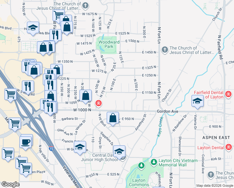 map of restaurants, bars, coffee shops, grocery stores, and more near 126 East 1150 North in Layton