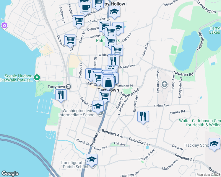map of restaurants, bars, coffee shops, grocery stores, and more near in Tarrytown
