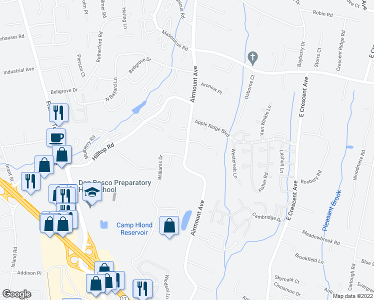 map of restaurants, bars, coffee shops, grocery stores, and more near 307 Airmont Avenue in Mahwah