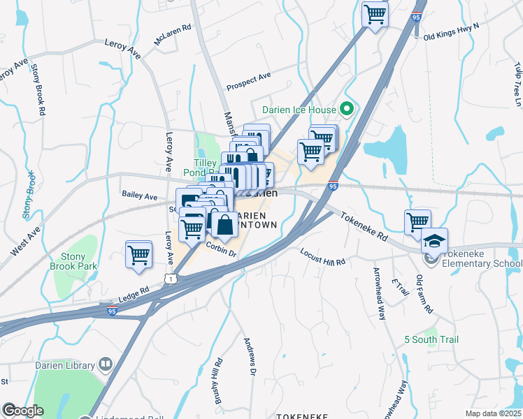 map of restaurants, bars, coffee shops, grocery stores, and more near 42 Center Street in Darien