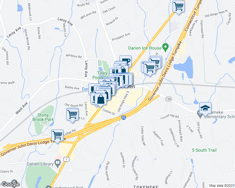 map of restaurants, bars, coffee shops, grocery stores, and more near 22 Old Kings Highway South in Darien