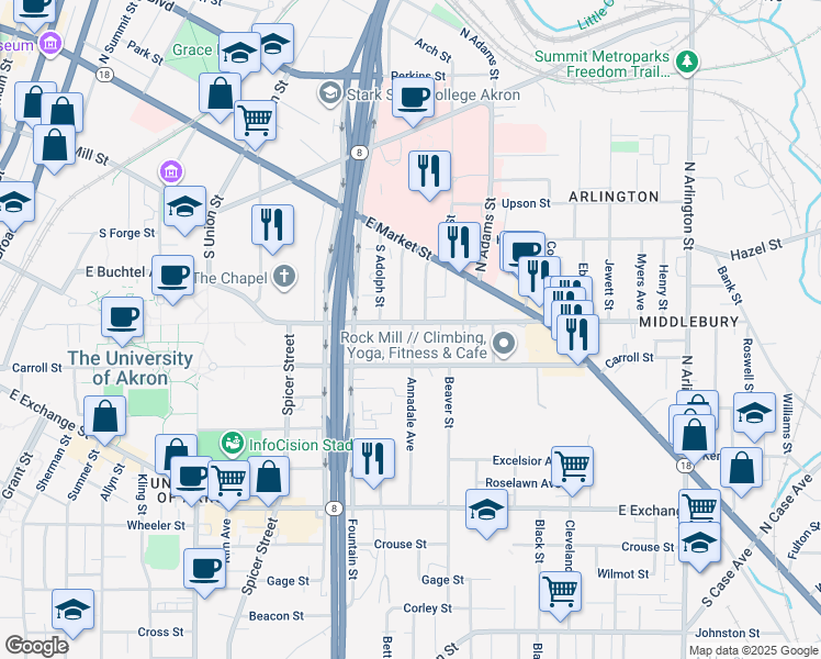 map of restaurants, bars, coffee shops, grocery stores, and more near 95 Annadale Avenue in Akron