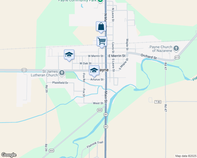 map of restaurants, bars, coffee shops, grocery stores, and more near 107 Arturus Street in Payne