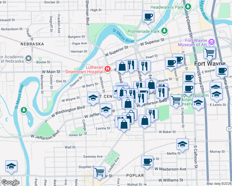 map of restaurants, bars, coffee shops, grocery stores, and more near 726 West Washington Boulevard in Fort Wayne