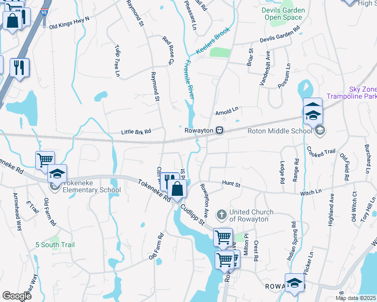 map of restaurants, bars, coffee shops, grocery stores, and more near 46 Raymond Street in Darien
