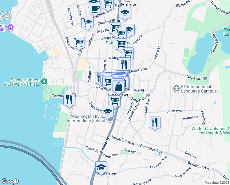 map of restaurants, bars, coffee shops, grocery stores, and more near 2 John Street in Tarrytown