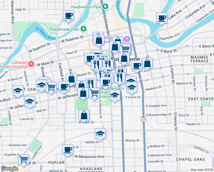 map of restaurants, bars, coffee shops, grocery stores, and more near 1020 South Calhoun Street in Fort Wayne