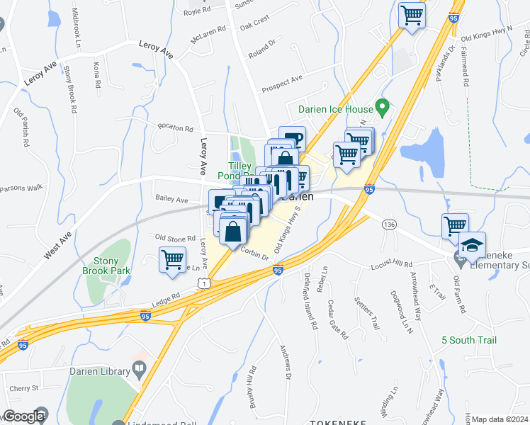map of restaurants, bars, coffee shops, grocery stores, and more near 36 Center Street in Darien