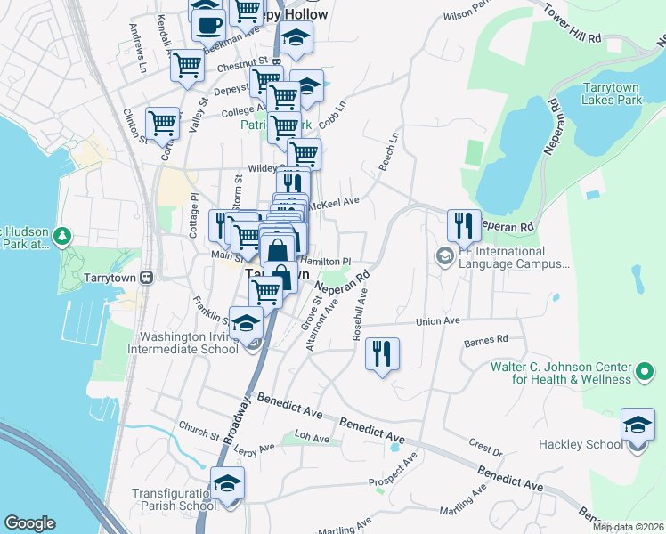map of restaurants, bars, coffee shops, grocery stores, and more near 72 Neperan Road in Tarrytown