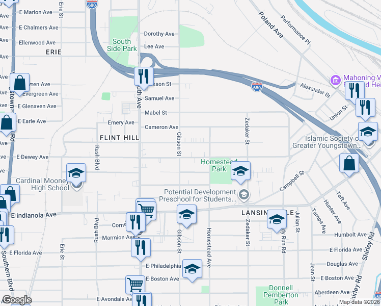map of restaurants, bars, coffee shops, grocery stores, and more near 735 East Dewey Avenue in Youngstown