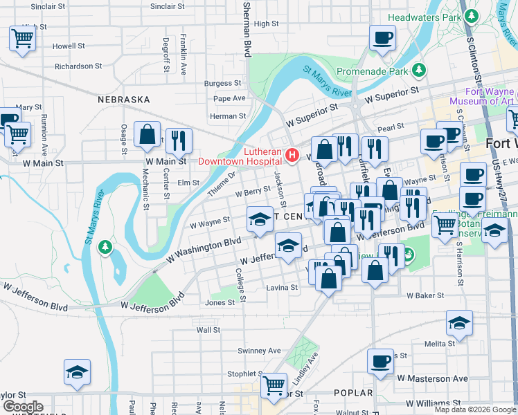 map of restaurants, bars, coffee shops, grocery stores, and more near 1016 West Wayne Street in Fort Wayne
