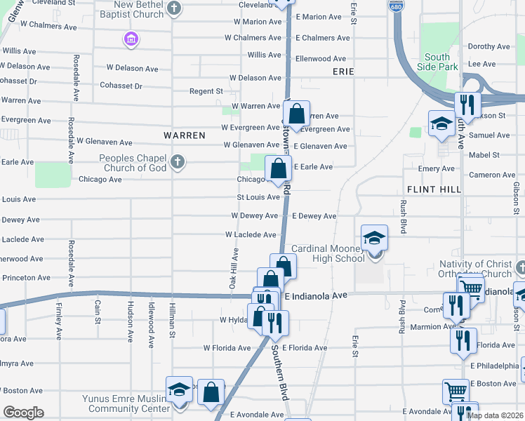 map of restaurants, bars, coffee shops, grocery stores, and more near 23 West Dewey Avenue in Youngstown
