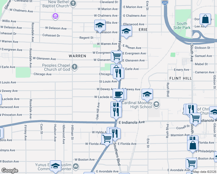 map of restaurants, bars, coffee shops, grocery stores, and more near 23 West Dewey Avenue in Youngstown
