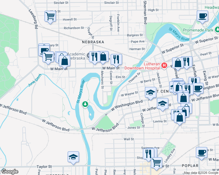 map of restaurants, bars, coffee shops, grocery stores, and more near 200 Center Street in Fort Wayne