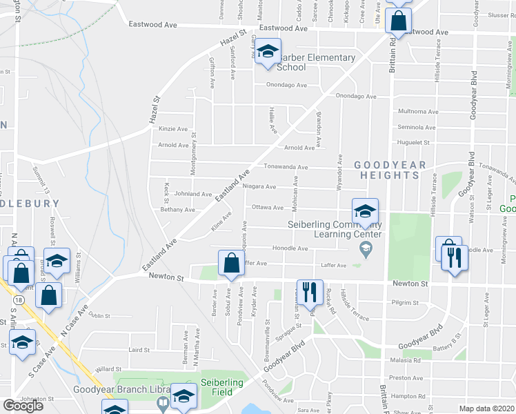 map of restaurants, bars, coffee shops, grocery stores, and more near 1257 Ottawa Avenue in Akron