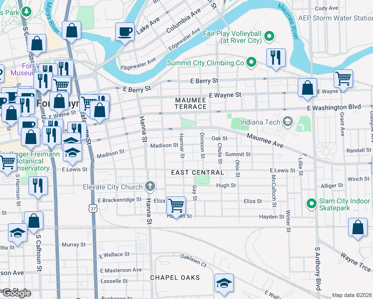 map of restaurants, bars, coffee shops, grocery stores, and more near 908 Madison Street in Fort Wayne