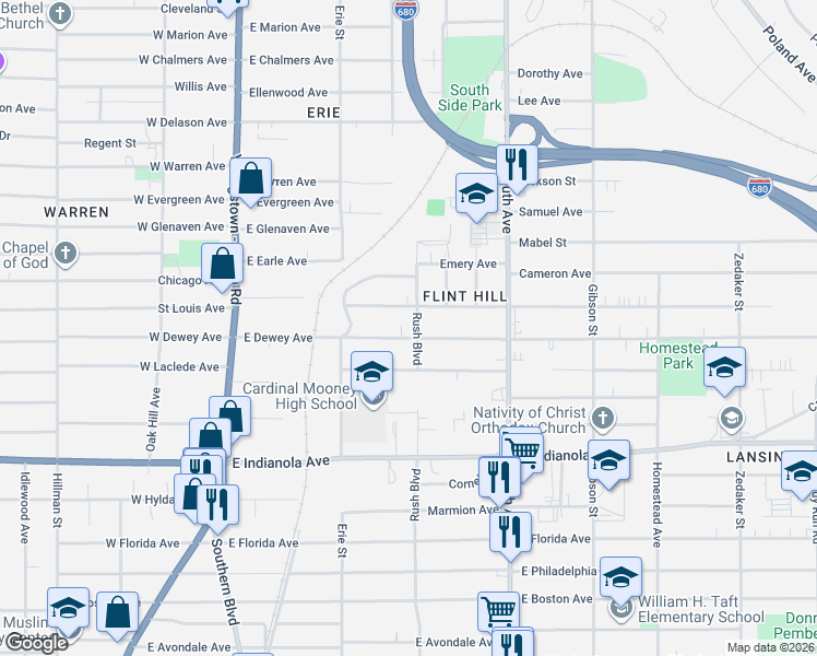 map of restaurants, bars, coffee shops, grocery stores, and more near 257 East Dewey Avenue in Youngstown