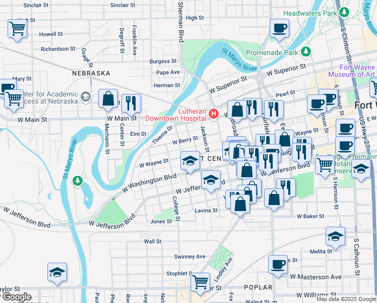 map of restaurants, bars, coffee shops, grocery stores, and more near 1005 West Wayne Street in Fort Wayne