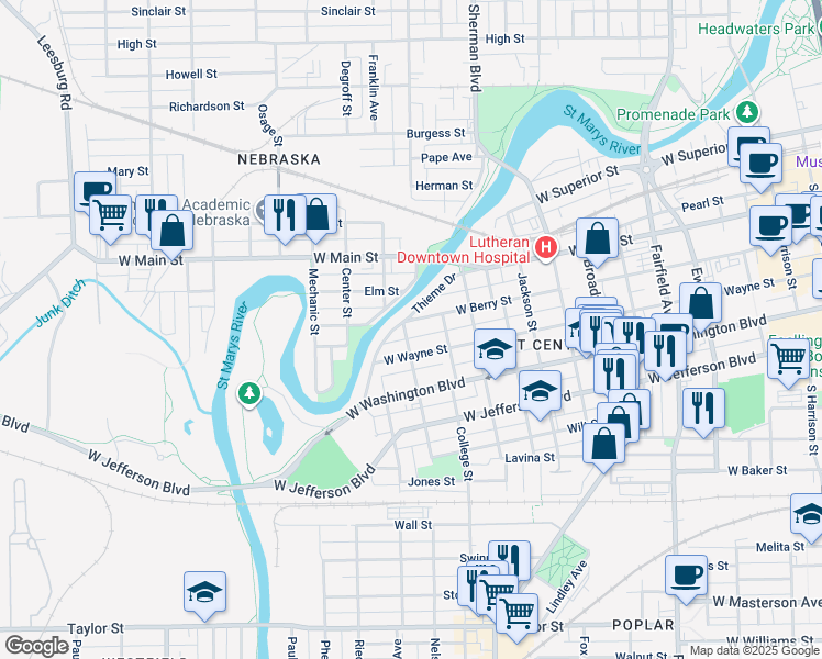 map of restaurants, bars, coffee shops, grocery stores, and more near 1216 West Wayne Street in Fort Wayne