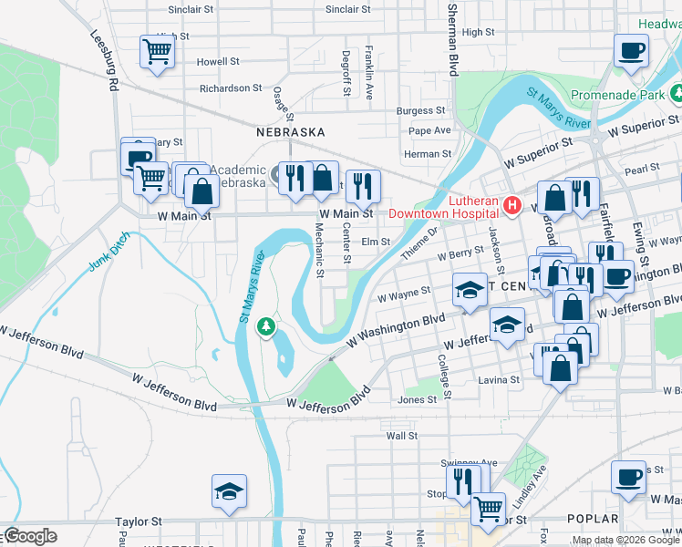 map of restaurants, bars, coffee shops, grocery stores, and more near 200 Center Street in Fort Wayne