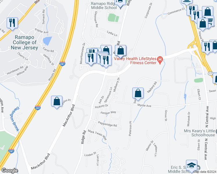 map of restaurants, bars, coffee shops, grocery stores, and more near 1063 Ash Drive in Mahwah