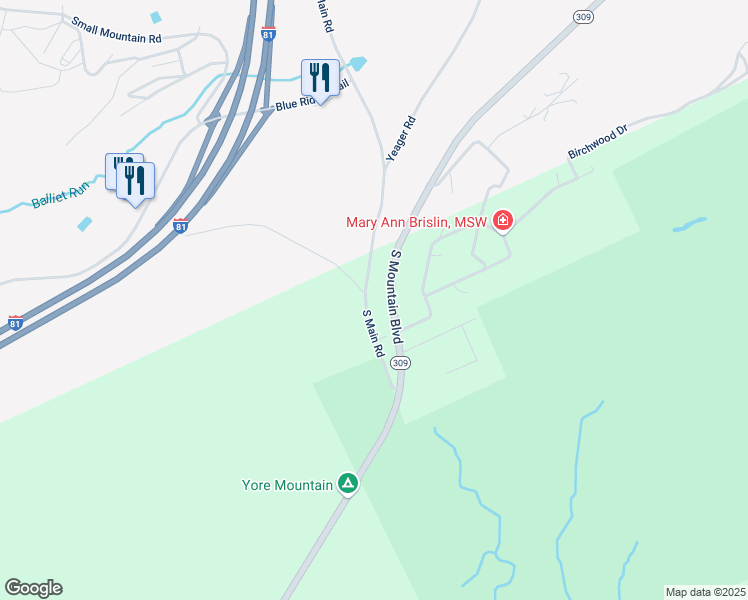 map of restaurants, bars, coffee shops, grocery stores, and more near 1124 South Main Road in Mountain Top