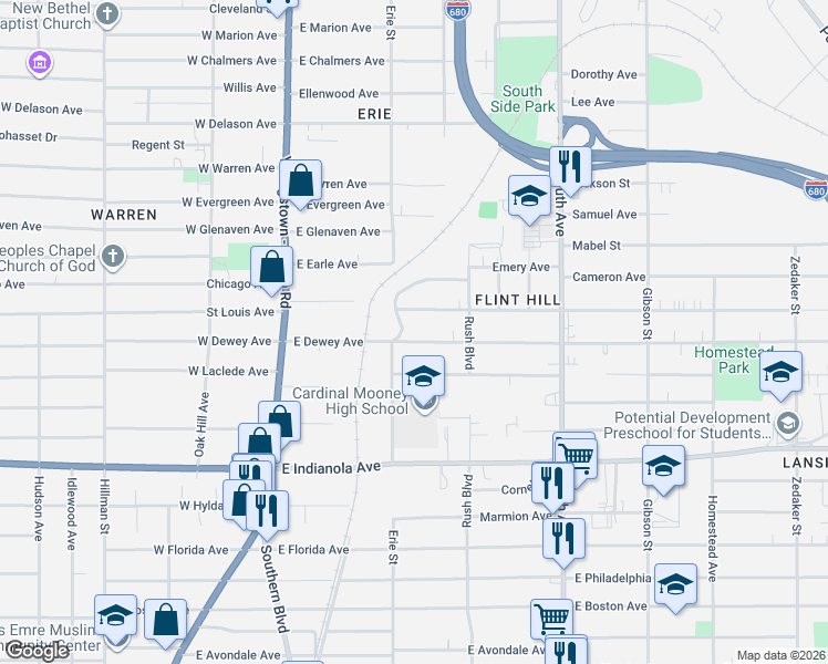 map of restaurants, bars, coffee shops, grocery stores, and more near 221 East Dewey Avenue in Youngstown