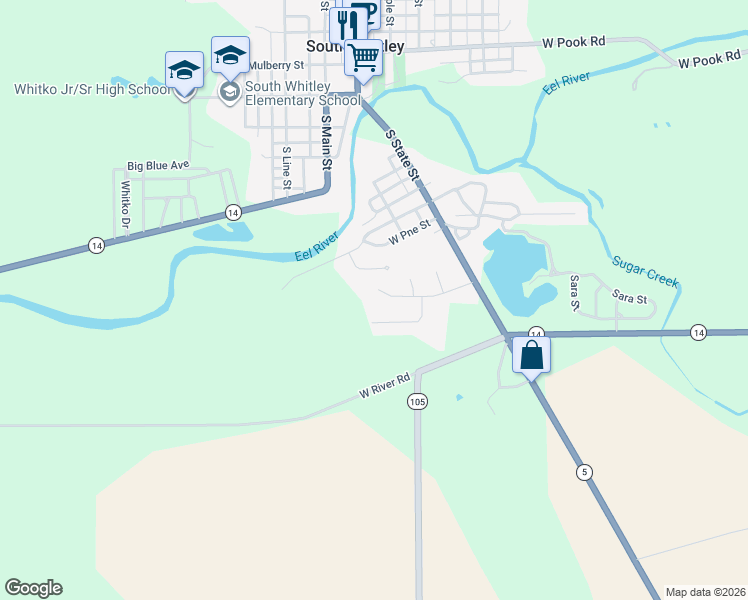 map of restaurants, bars, coffee shops, grocery stores, and more near 357 West Deer TRL in South Whitley