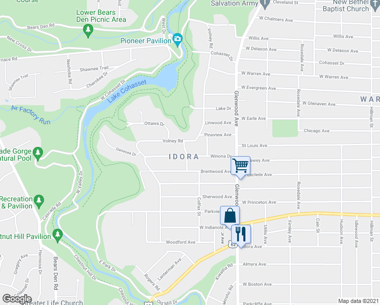 map of restaurants, bars, coffee shops, grocery stores, and more near 840 Winona Drive in Youngstown