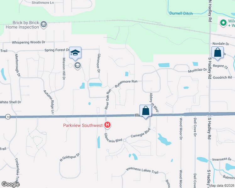 map of restaurants, bars, coffee shops, grocery stores, and more near 910 Blackthorn Cove in Fort Wayne
