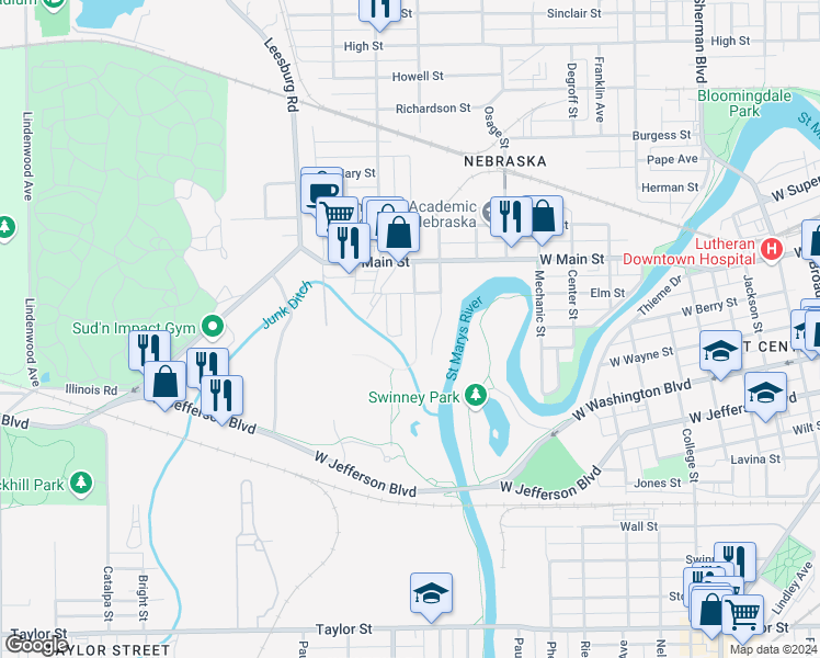 map of restaurants, bars, coffee shops, grocery stores, and more near 335 Greenwood Avenue in Fort Wayne