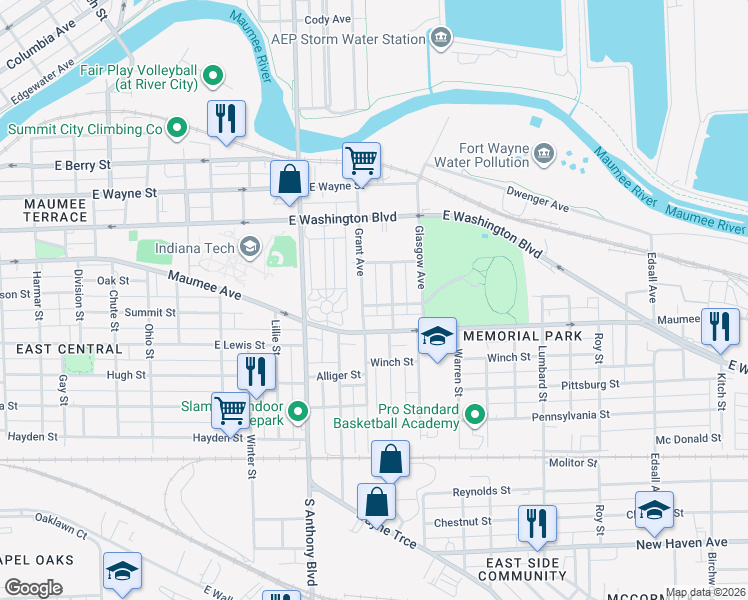 map of restaurants, bars, coffee shops, grocery stores, and more near 2009 Randall Street in Fort Wayne