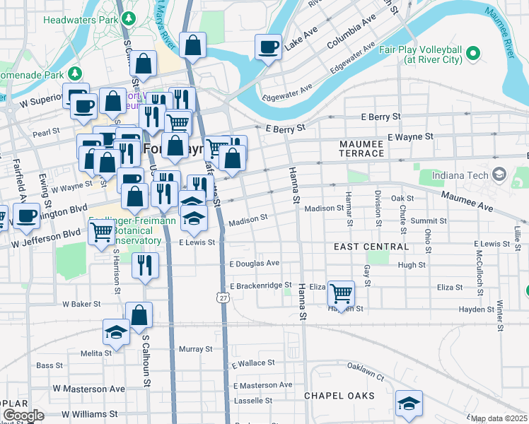 map of restaurants, bars, coffee shops, grocery stores, and more near 523 Madison Street in Fort Wayne