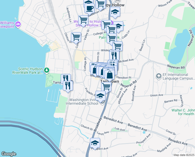 map of restaurants, bars, coffee shops, grocery stores, and more near 22 South Washington Street in Tarrytown