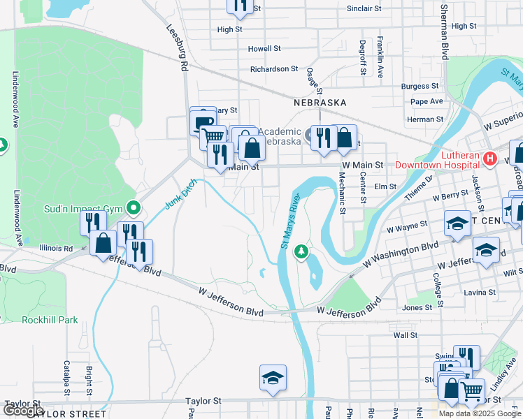 map of restaurants, bars, coffee shops, grocery stores, and more near 335 Greenwood Avenue in Fort Wayne