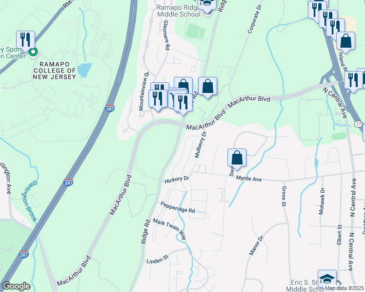 map of restaurants, bars, coffee shops, grocery stores, and more near 1041 Ash Drive in Mahwah