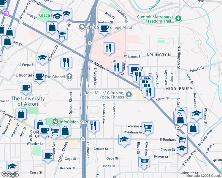 map of restaurants, bars, coffee shops, grocery stores, and more near 95 Annadale Avenue in Akron