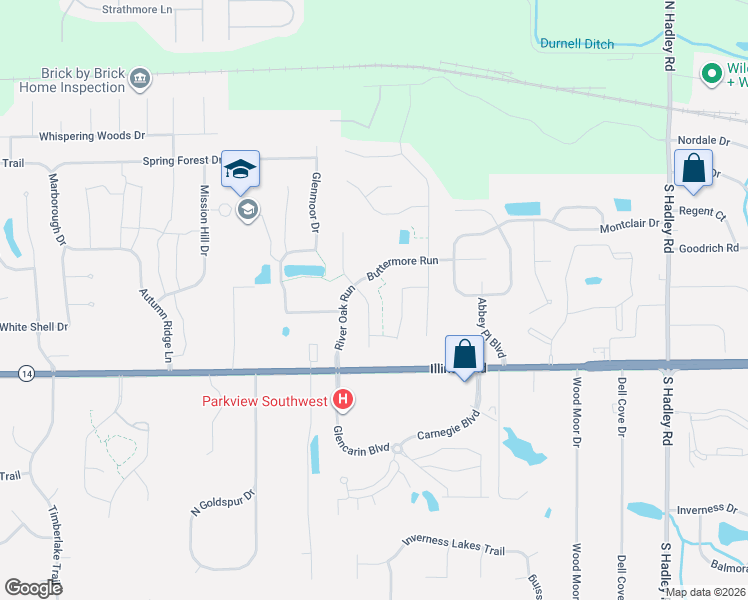 map of restaurants, bars, coffee shops, grocery stores, and more near 910 Blackthorn Cove in Fort Wayne
