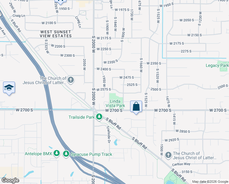 map of restaurants, bars, coffee shops, grocery stores, and more near 1857 West 2575 South in Syracuse