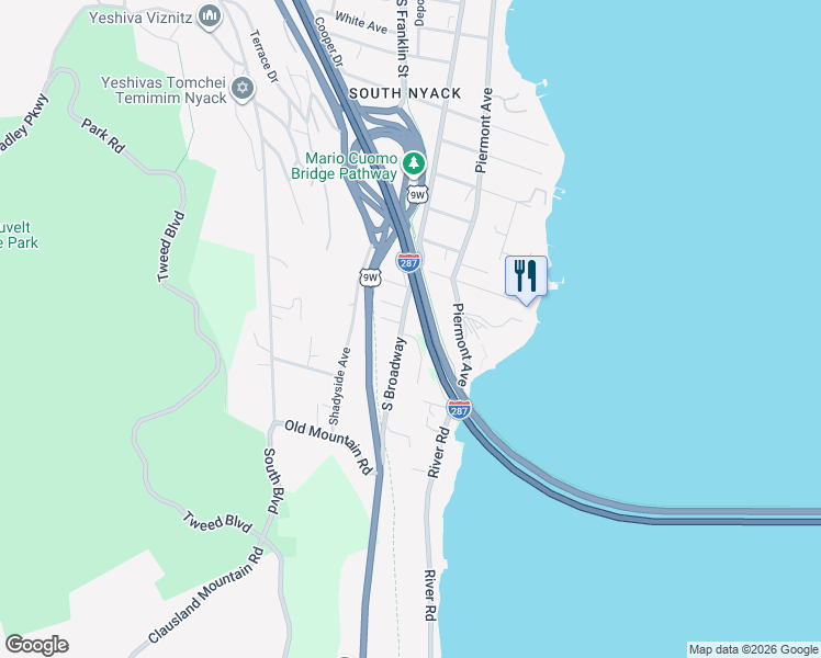 map of restaurants, bars, coffee shops, grocery stores, and more near 1 Ferris Lane in Nyack