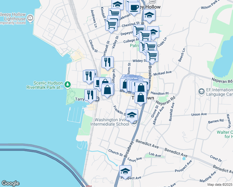 map of restaurants, bars, coffee shops, grocery stores, and more near 92 Main Street in Tarrytown
