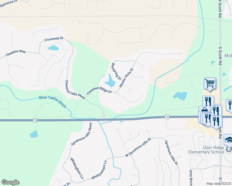 map of restaurants, bars, coffee shops, grocery stores, and more near 799 Monte Vista Dr in Fort Wayne