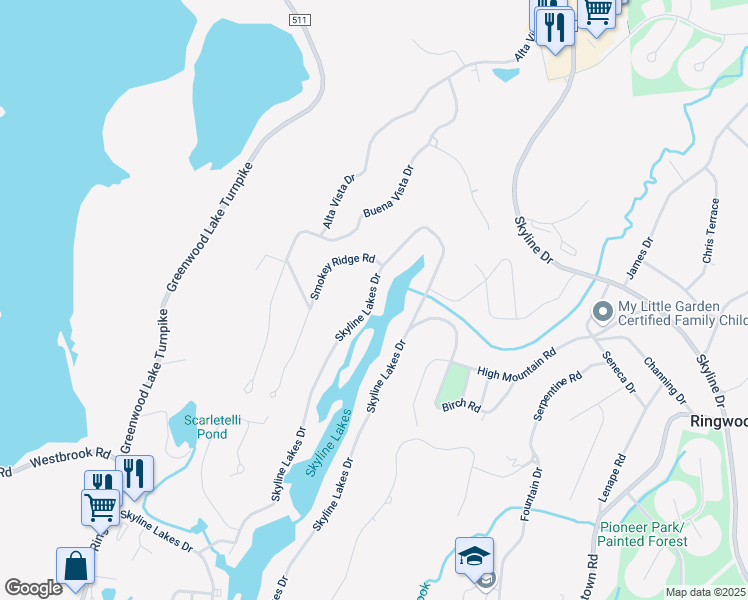 map of restaurants, bars, coffee shops, grocery stores, and more near 202 Skyline Lakes Drive in Ringwood