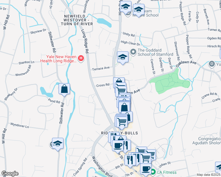 map of restaurants, bars, coffee shops, grocery stores, and more near 42 Cross Road in Stamford