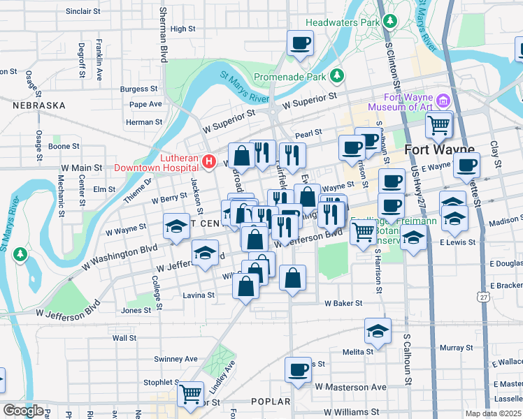 map of restaurants, bars, coffee shops, grocery stores, and more near 623 Lincoln Highway in Fort Wayne