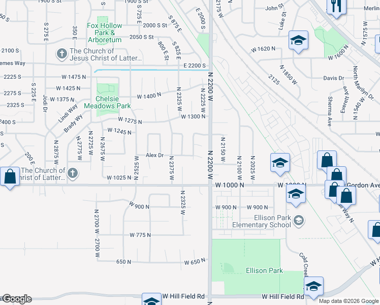 map of restaurants, bars, coffee shops, grocery stores, and more near 1141 North 2275 West in Layton